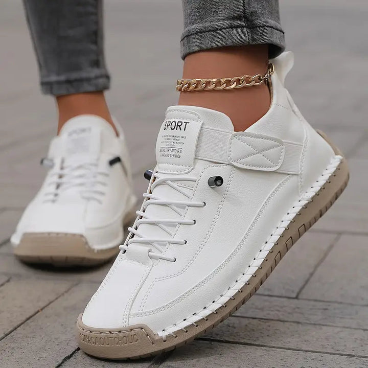 Women's beige lace-up high-top sneaker with padded ankle collar