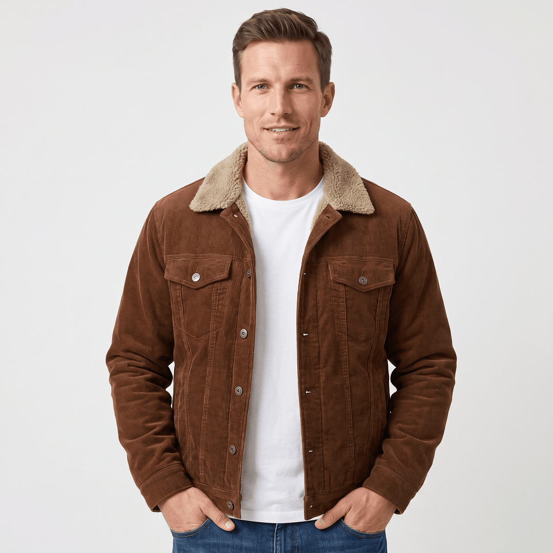 Men's corduroy jacket with sherpa-lined collar, long sleeves and button front