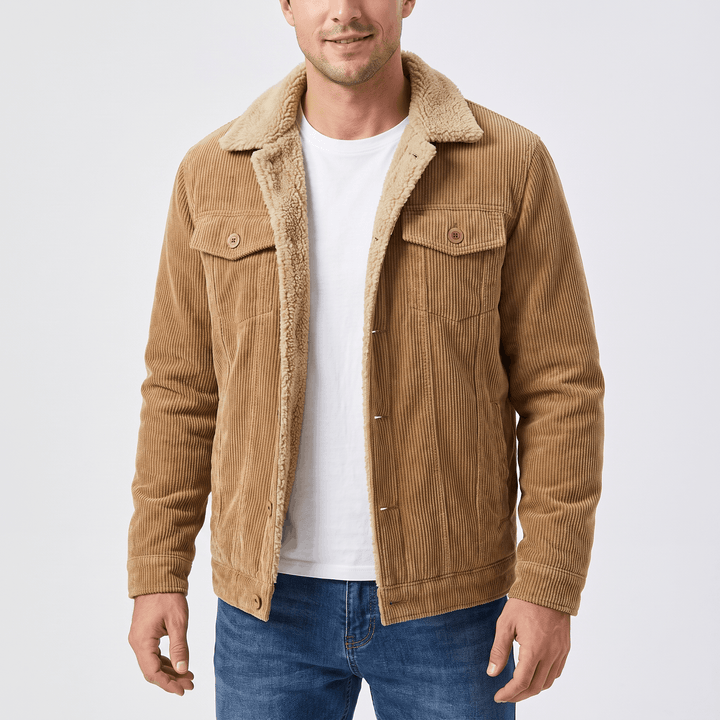 Men's corduroy jacket with sherpa-lined collar, long sleeves and button front