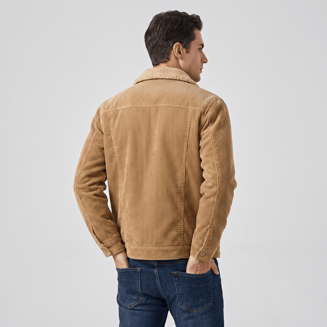 Men's corduroy jacket with sherpa-lined collar, long sleeves and button front