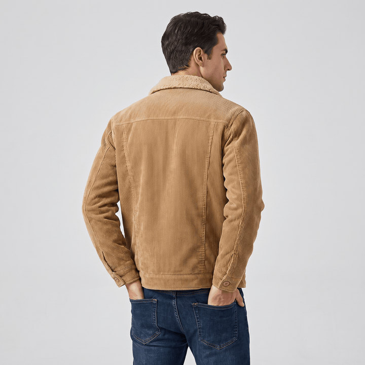 Men's corduroy jacket with sherpa-lined collar, long sleeves and button front