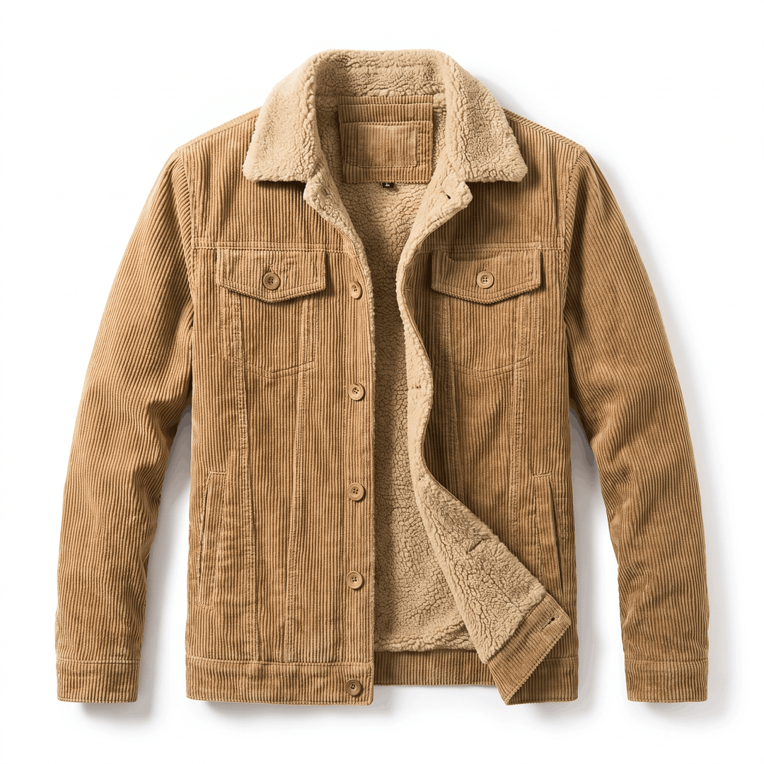 Men's corduroy jacket with sherpa-lined collar, long sleeves and button front