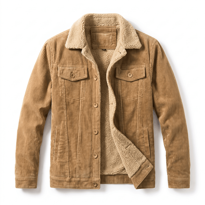 Men's corduroy jacket with sherpa-lined collar, long sleeves and button front