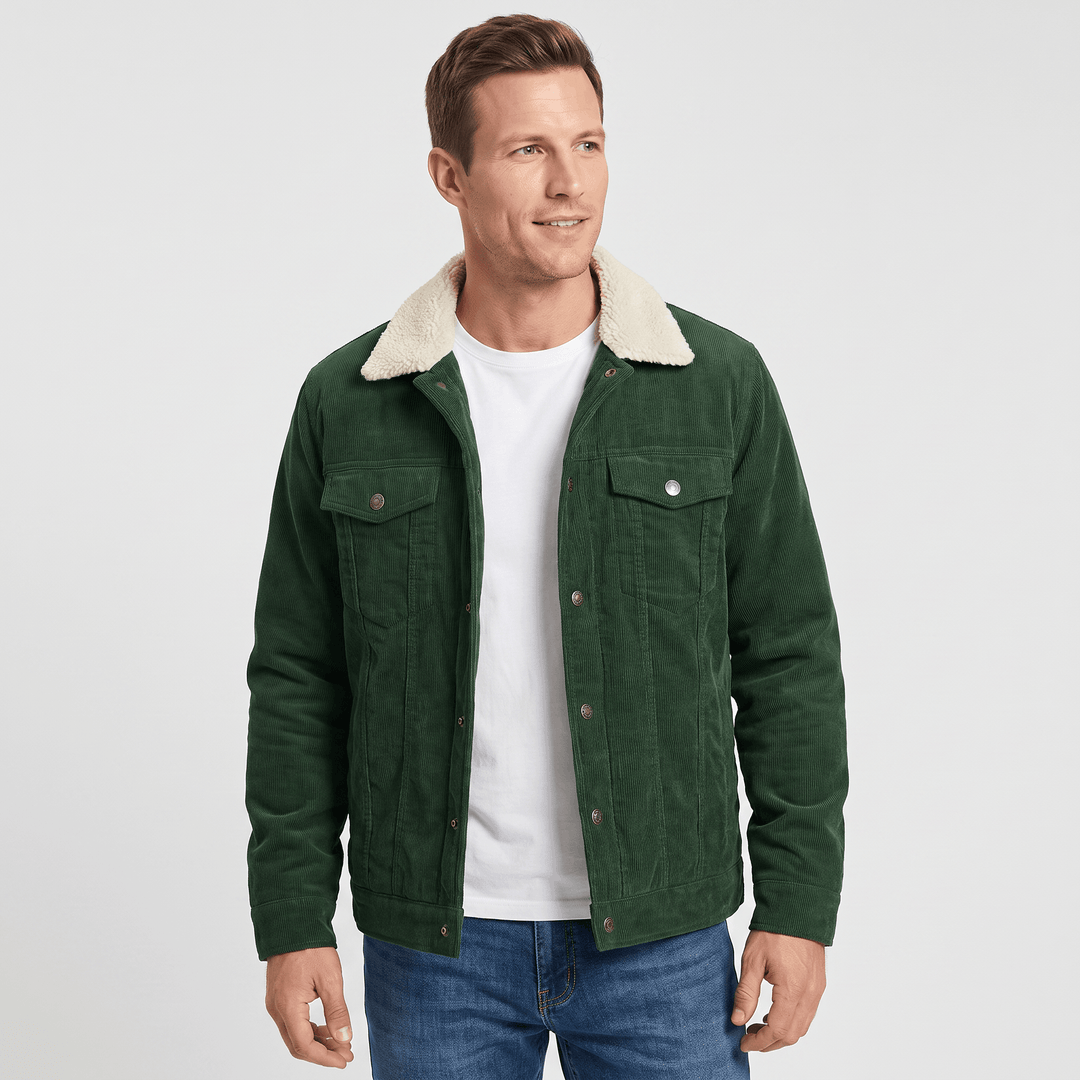 Men's corduroy jacket with sherpa-lined collar, long sleeves and button front