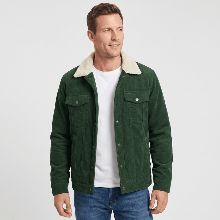 Men's corduroy jacket with sherpa-lined collar, long sleeves and button front