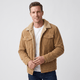 Men's corduroy jacket with sherpa-lined collar, long sleeves and button front