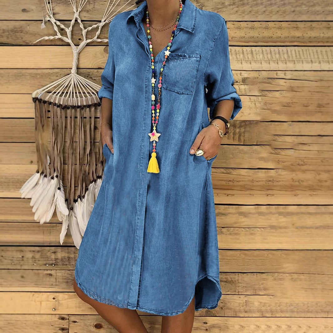 Women's denim shirt midi dress with collar, button front and pockets