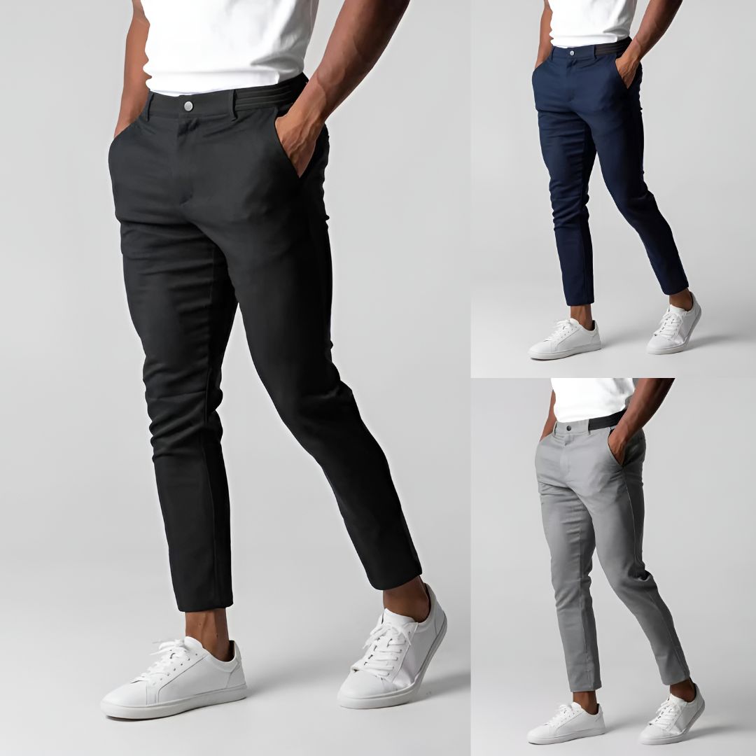 Men's slim tapered chino trousers with button fastening and ankle-length hems