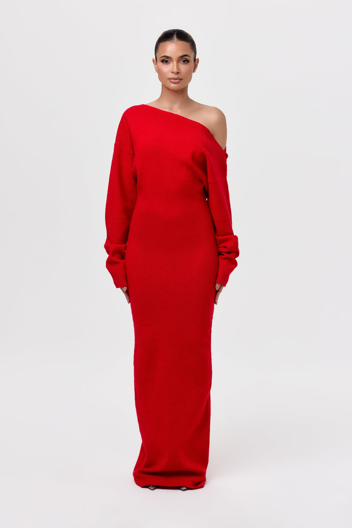 Women's asymmetric knit maxi dress with long sleeves and floor-length skirt