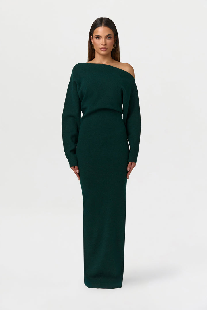 Women's asymmetric knit maxi dress with long sleeves and floor-length skirt