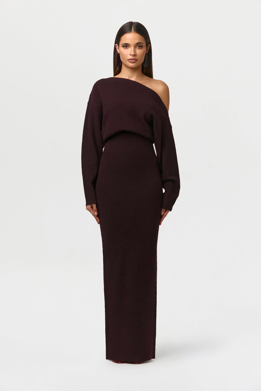 Women's asymmetric knit maxi dress with long sleeves and floor-length skirt