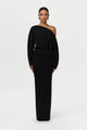 Women's asymmetric knit maxi dress with long sleeves and floor-length skirt