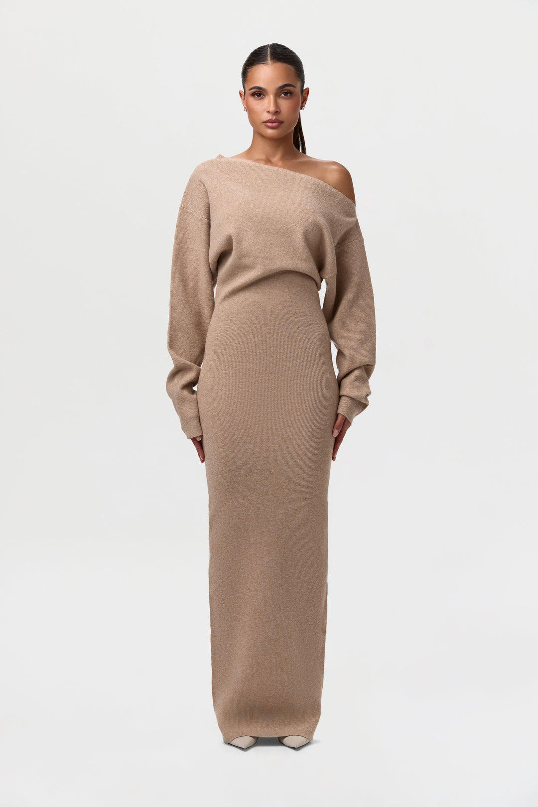 Women's asymmetric knit maxi dress with long sleeves and floor-length skirt