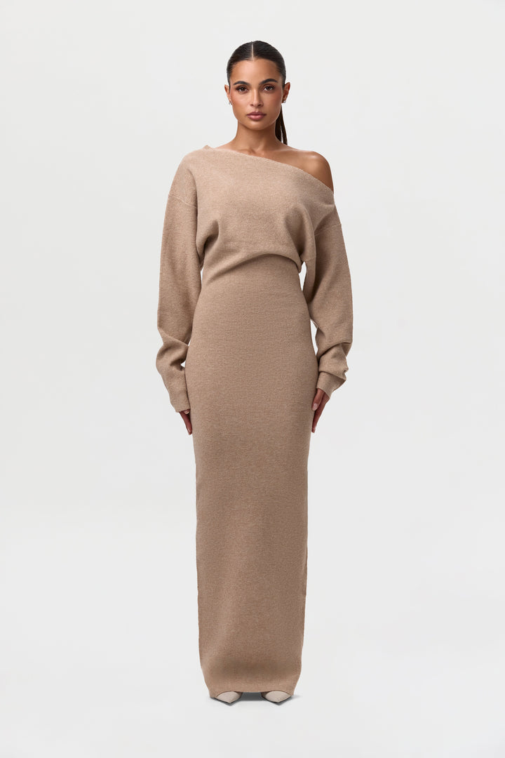 Women's asymmetric knit maxi dress with long sleeves and floor-length skirt
