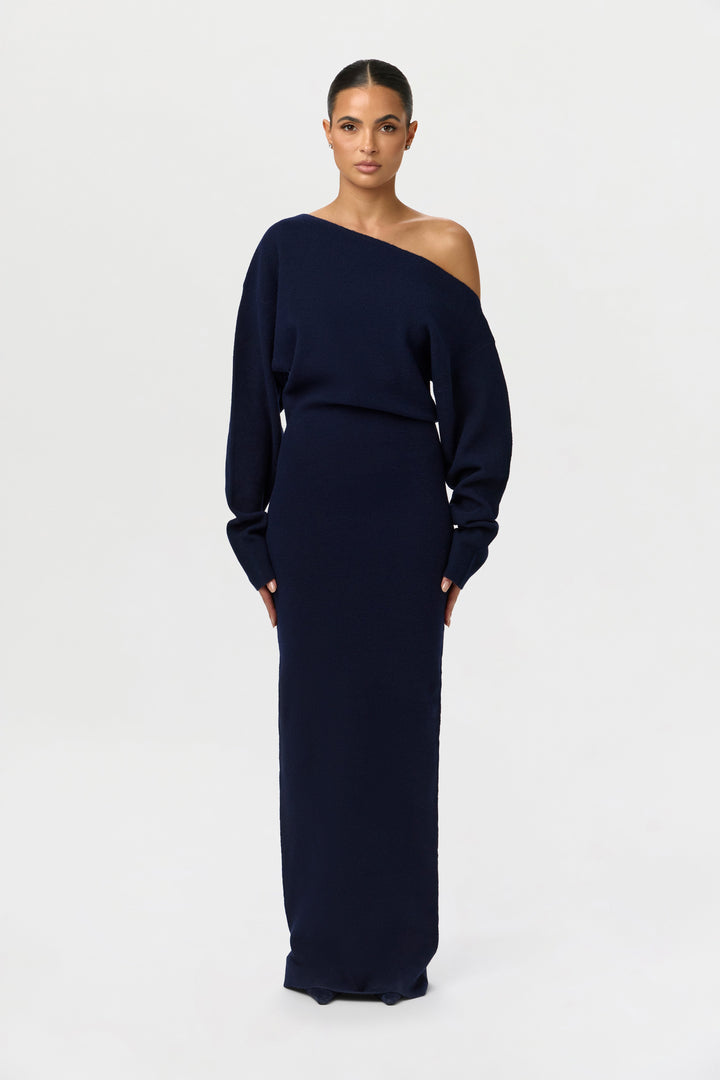 Women's asymmetric knit maxi dress with long sleeves and floor-length skirt
