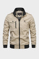 Men's long sleeve utility jacket with stand collar, zip front and multiple pockets
