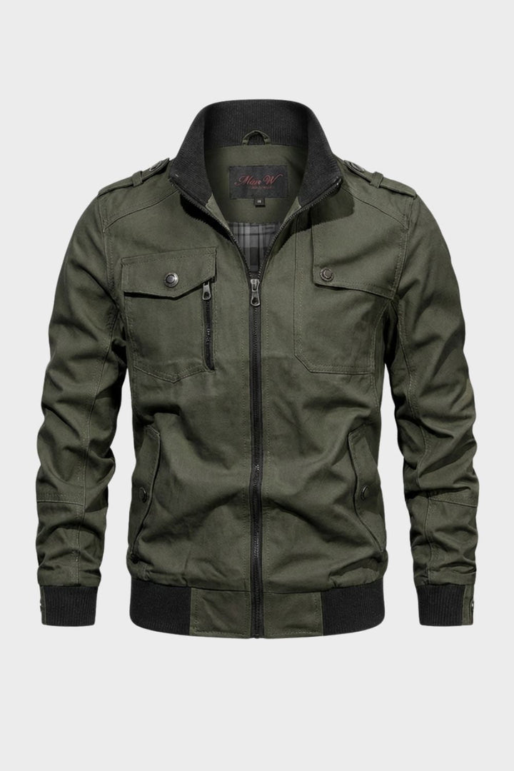 Men's long sleeve utility jacket with stand collar, zip front and multiple pockets