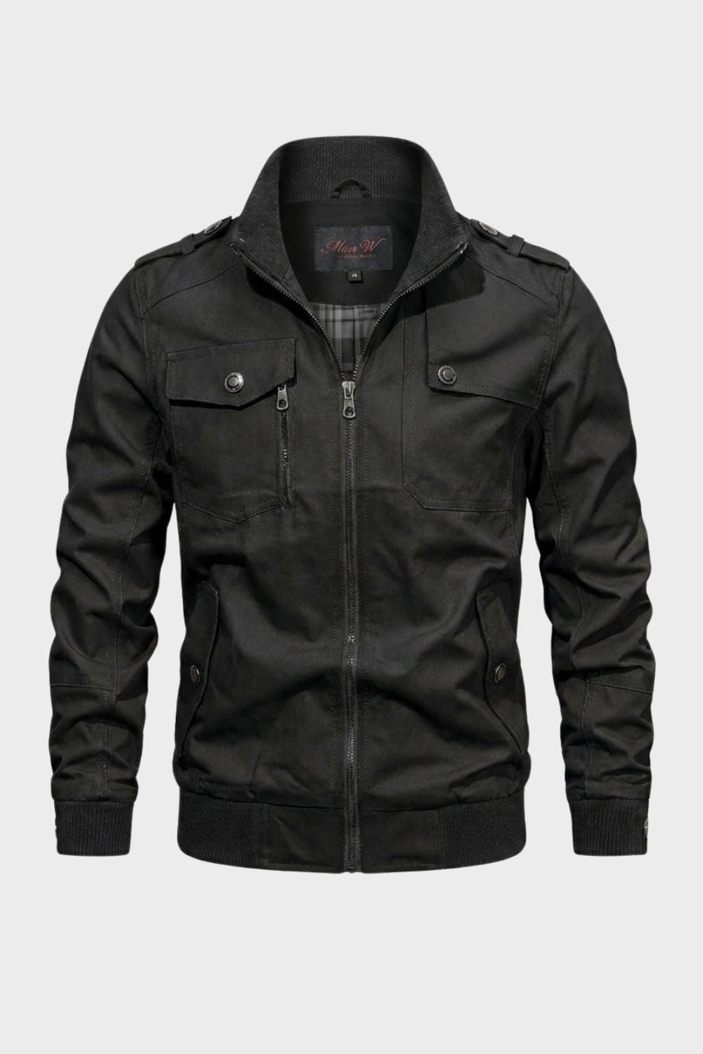 Men's long sleeve utility jacket with stand collar, zip front and multiple pockets