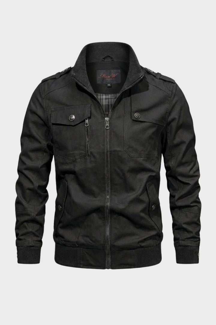 Men's long sleeve utility jacket with stand collar, zip front and multiple pockets