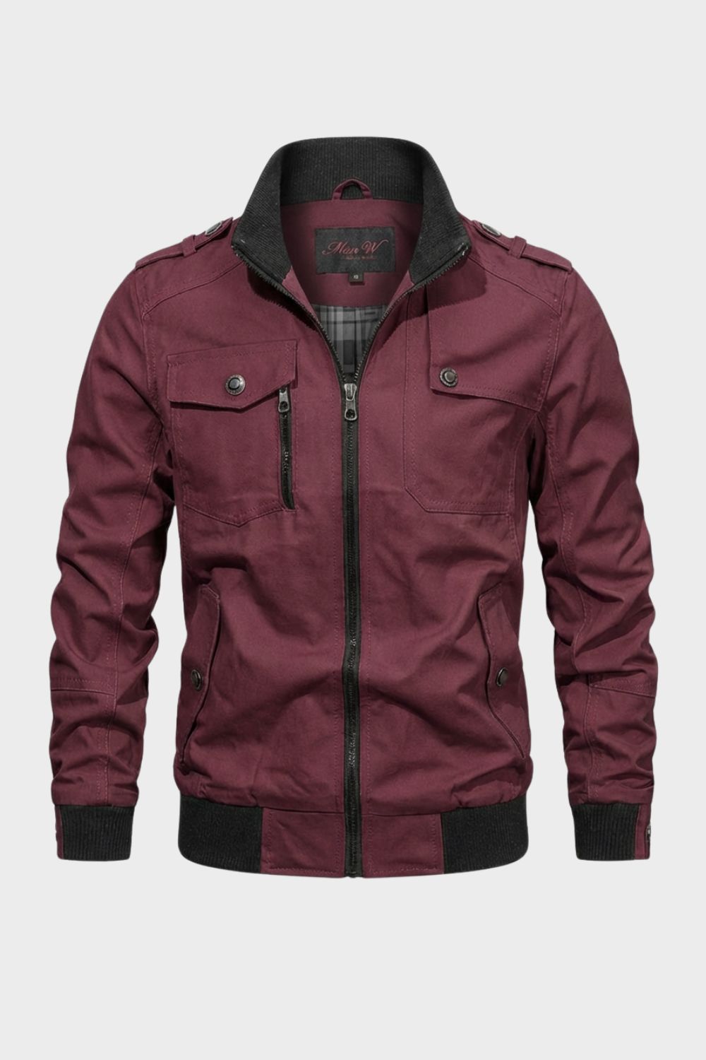 Men's long sleeve utility jacket with stand collar, zip front and multiple pockets