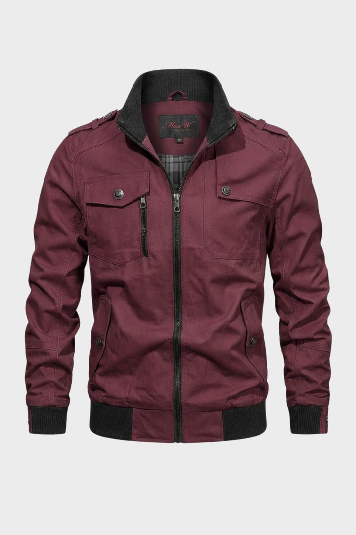 Men's long sleeve utility jacket with stand collar, zip front and multiple pockets