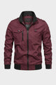 Men's long sleeve utility jacket with stand collar, zip front and multiple pockets