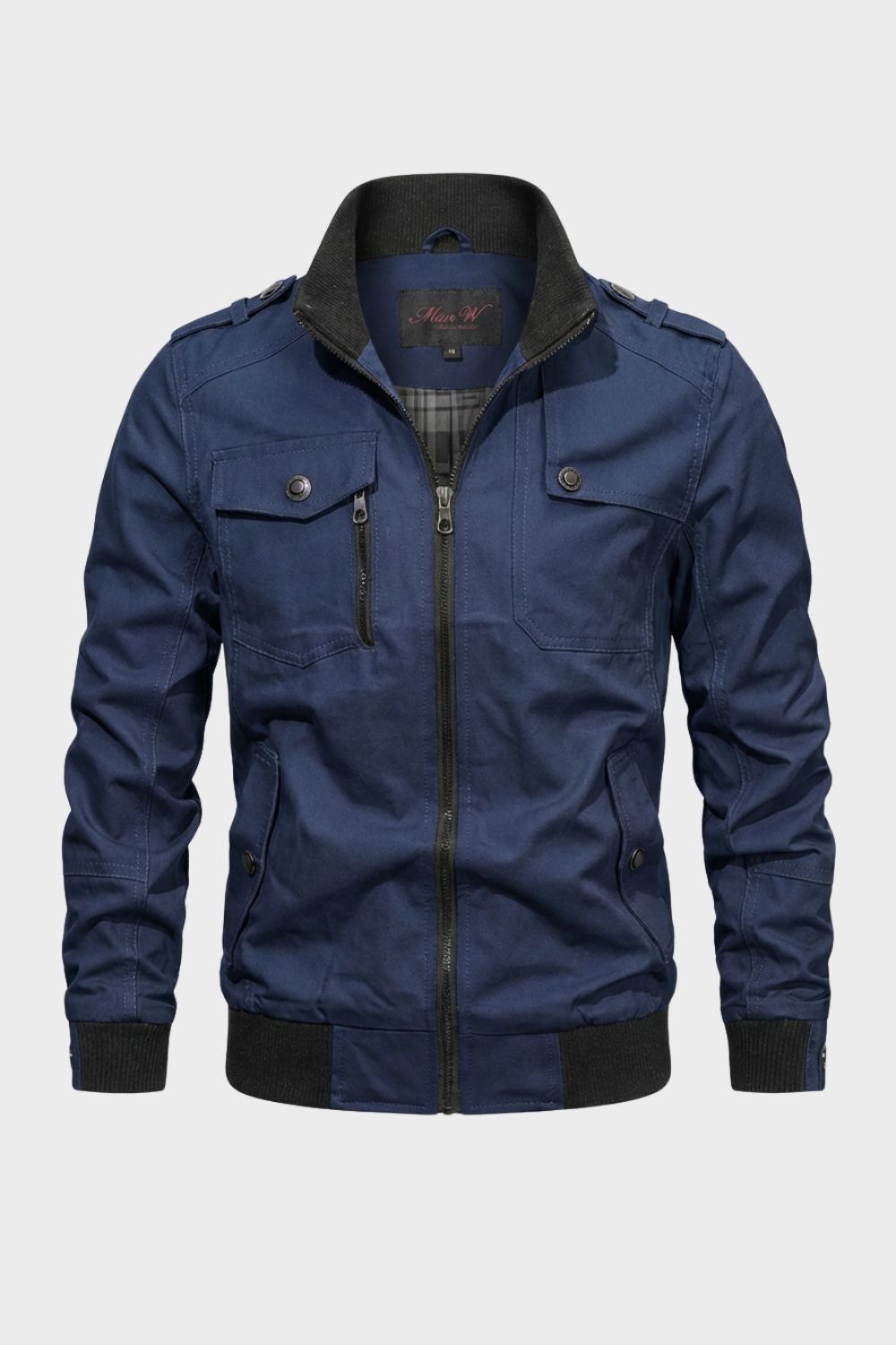 Men's long sleeve utility jacket with stand collar, zip front and multiple pockets
