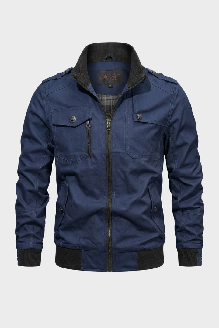 Men's long sleeve utility jacket with stand collar, zip front and multiple pockets