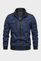 Men's long sleeve utility jacket with stand collar, zip front and multiple pockets