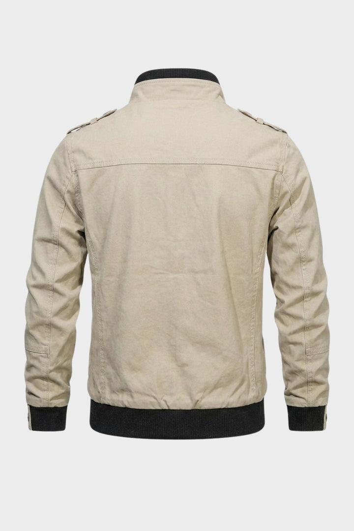 Men's long sleeve utility jacket with stand collar, zip front and multiple pockets