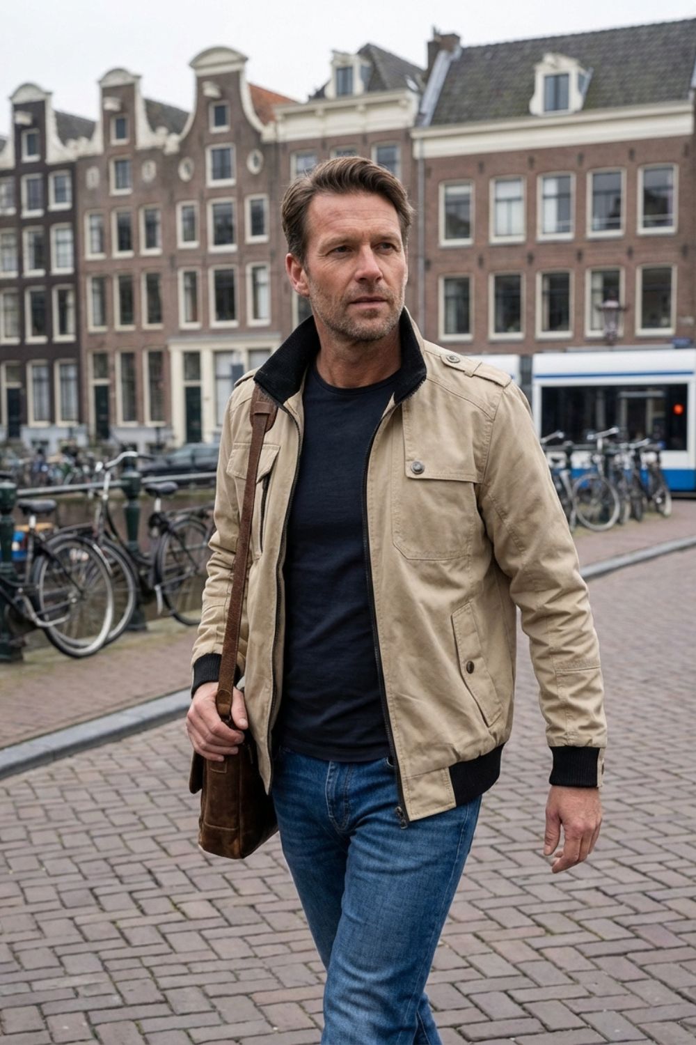 Men's long sleeve utility jacket with stand collar, zip front and multiple pockets