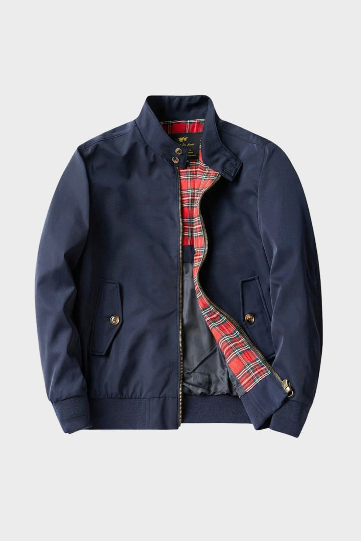 Men's bomber jacket with stand collar, zip front and checked lining