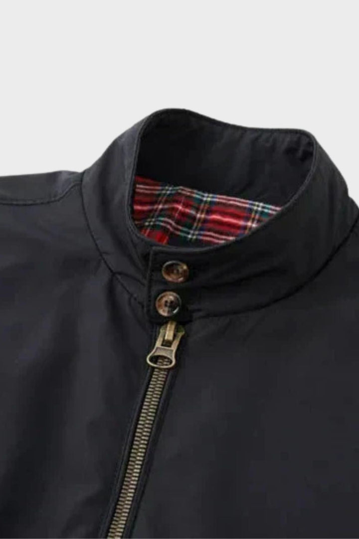 Men's bomber jacket with stand collar, zip front and checked lining