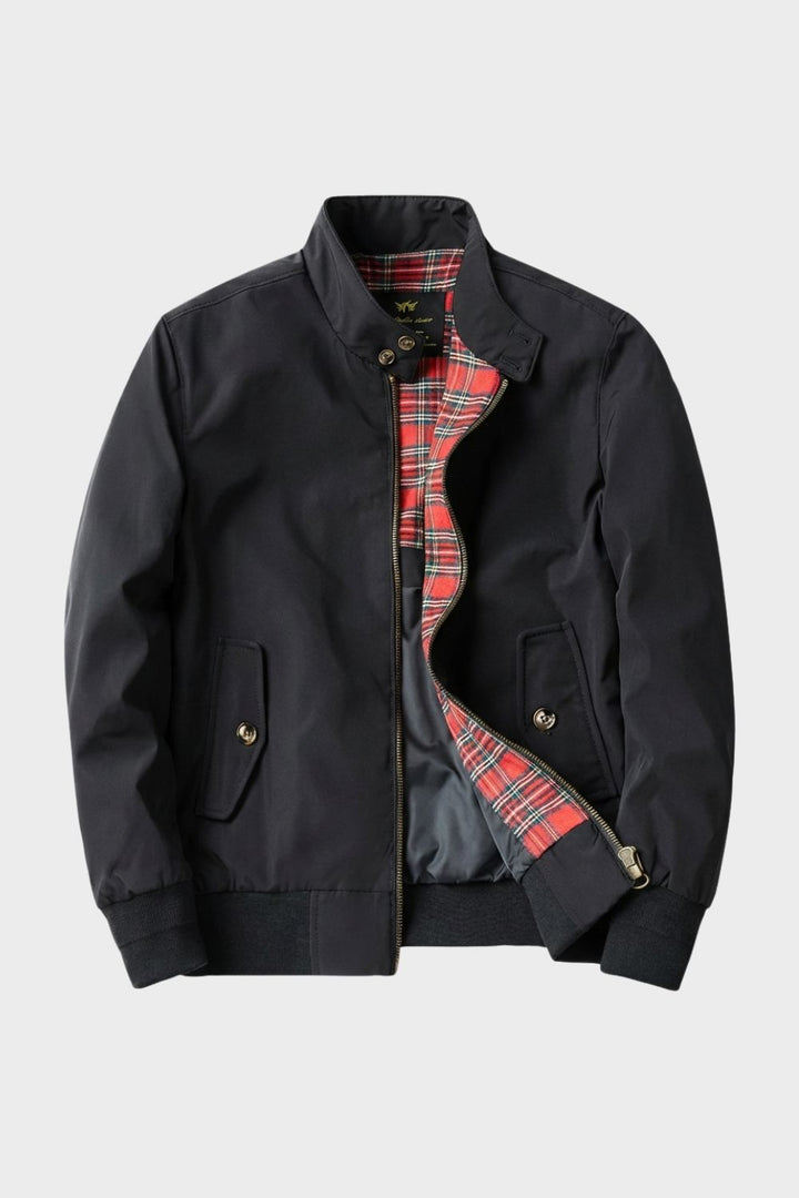Men's bomber jacket with stand collar, zip front and checked lining