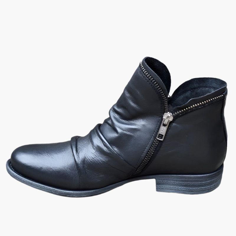 Women's ruched ankle boots with side zippers and low heels