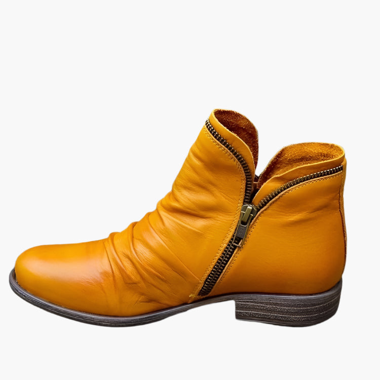 Women's ruched ankle boots with side zippers and low heels