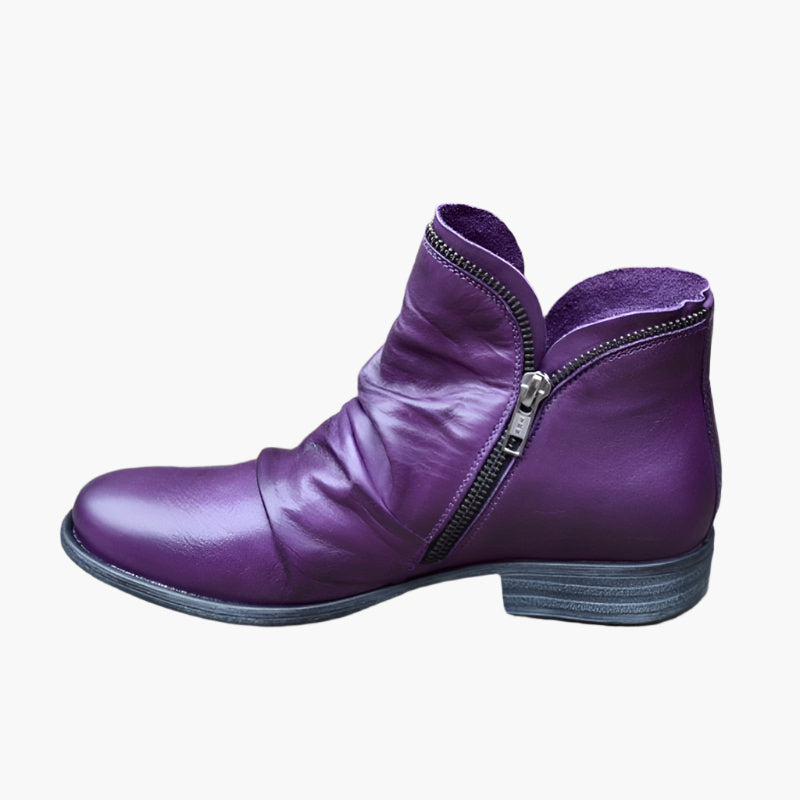 Women's ruched ankle boots with side zippers and low heels