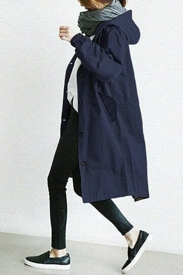 Women's hooded trench coat with button front and side pockets