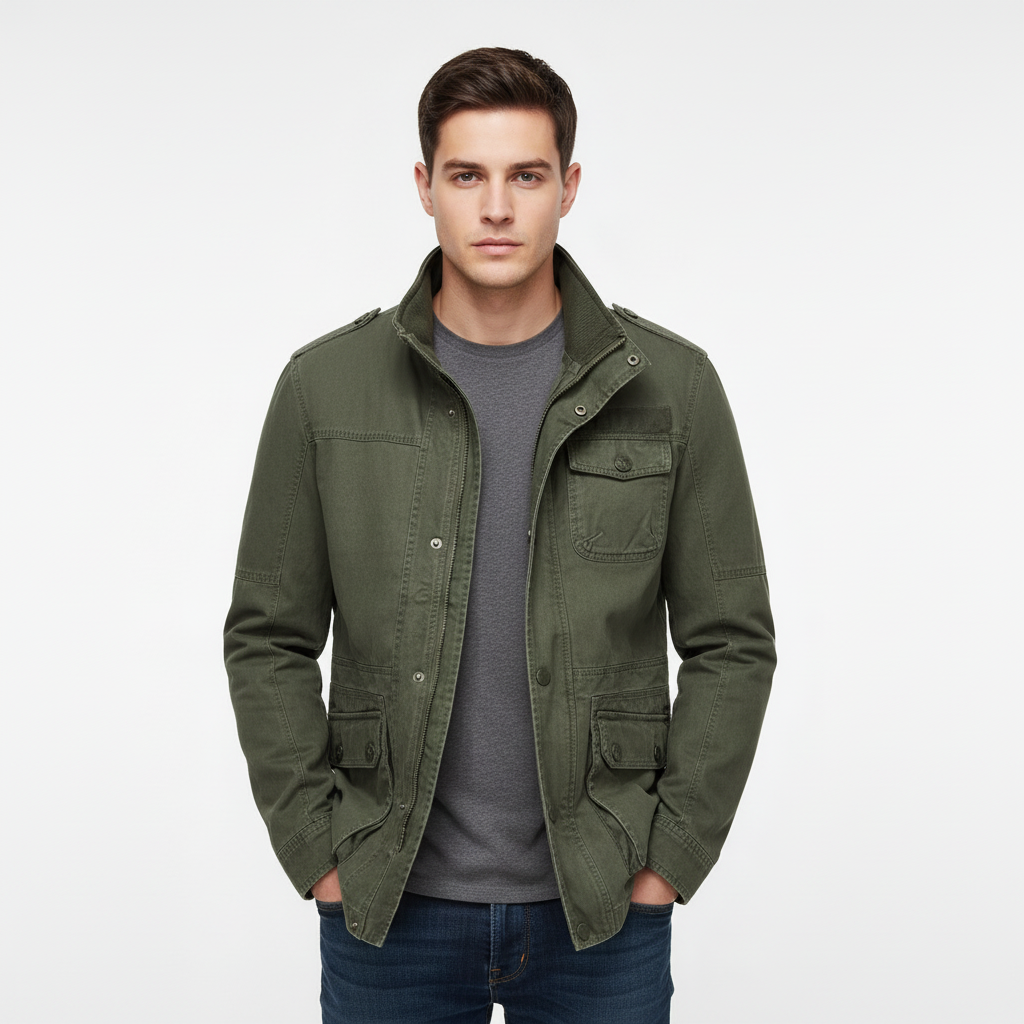 Men's high-neck utility jacket with long sleeves and multiple flap pockets