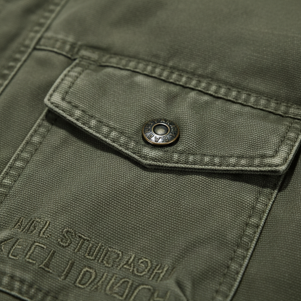 Men's high-neck utility jacket with long sleeves and multiple flap pockets