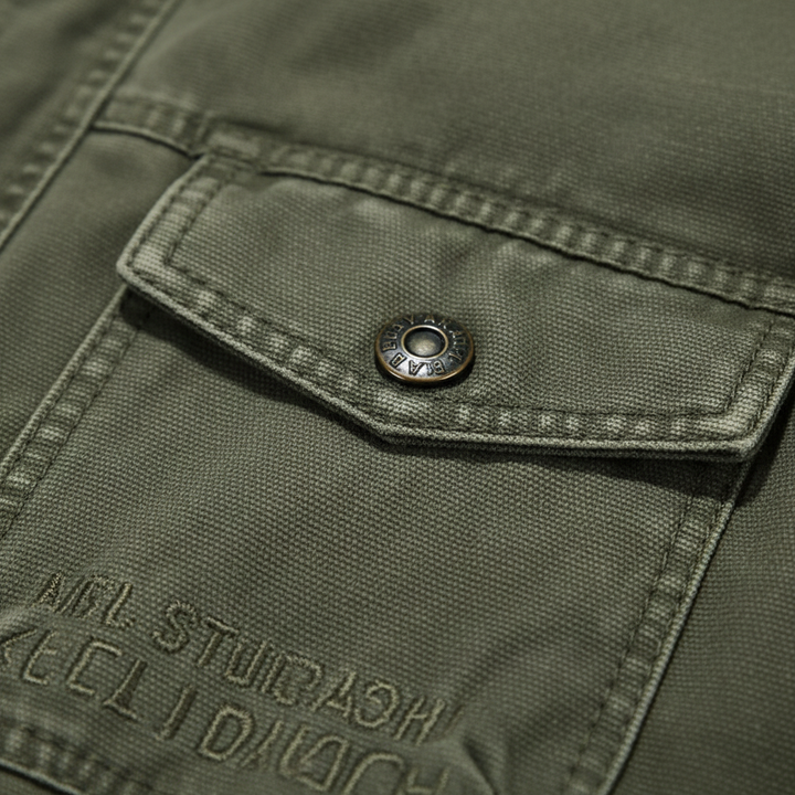 Men's high-neck utility jacket with long sleeves and multiple flap pockets