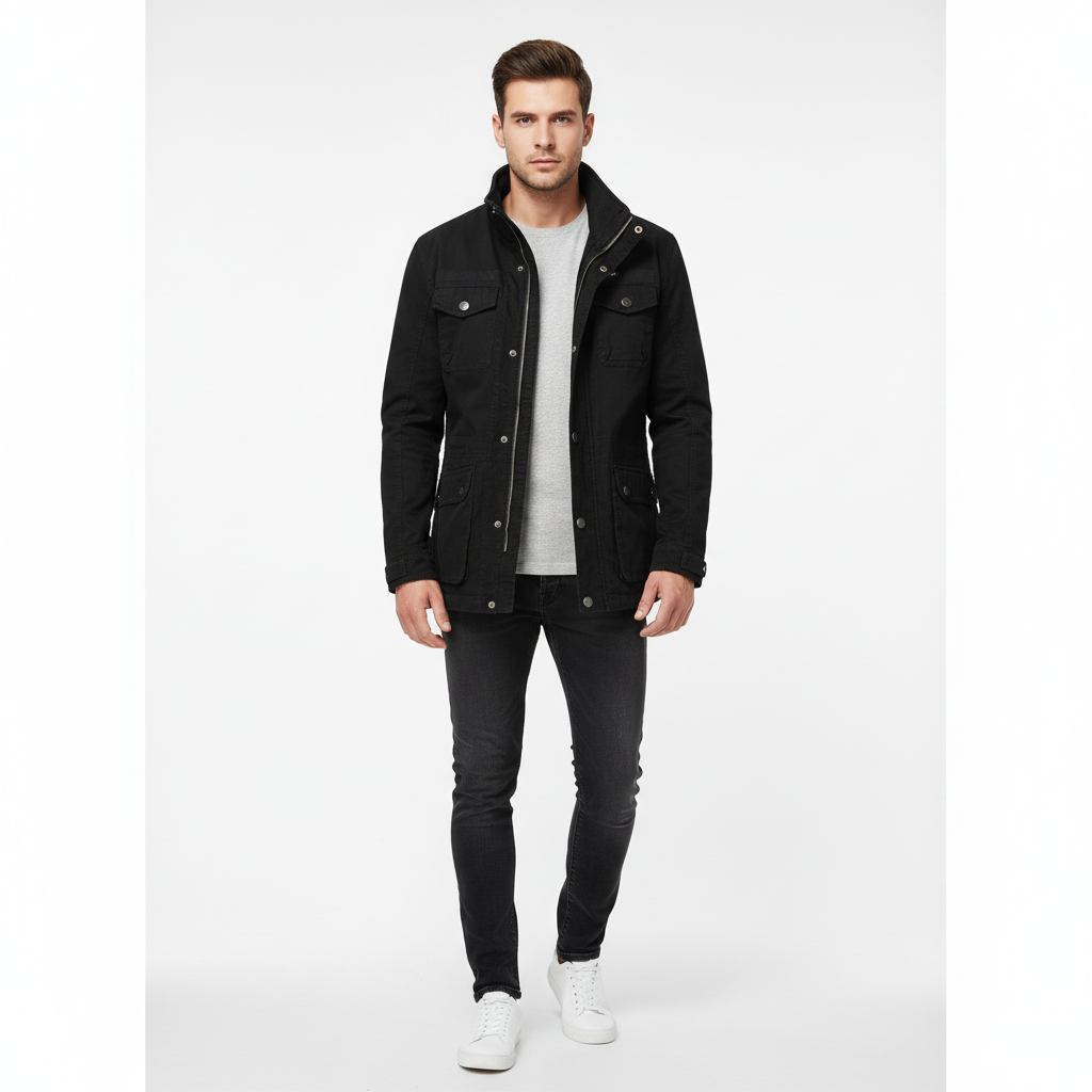 Men's high-neck utility jacket with long sleeves and multiple flap pockets
