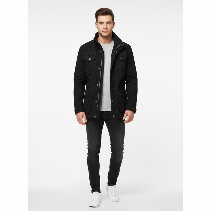 Men's high-neck utility jacket with long sleeves and multiple flap pockets