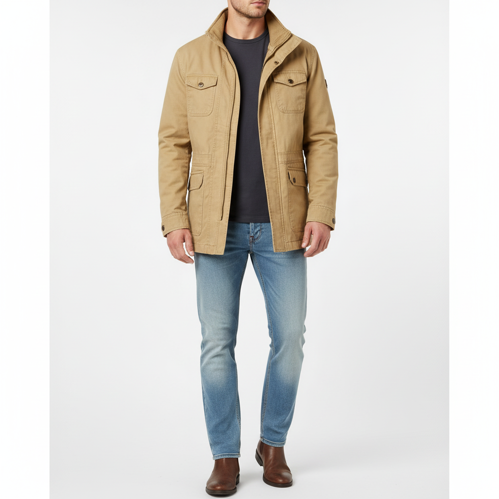 Men's high-neck utility jacket with long sleeves and multiple flap pockets