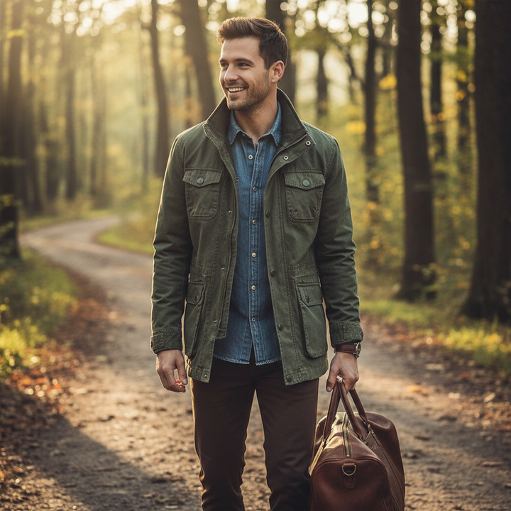 Men's high-neck utility jacket with long sleeves and multiple flap pockets