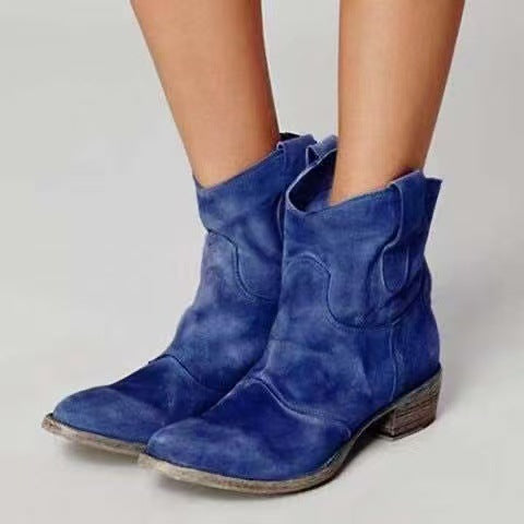 Women's suede western ankle boots with pull-on tabs and low heels