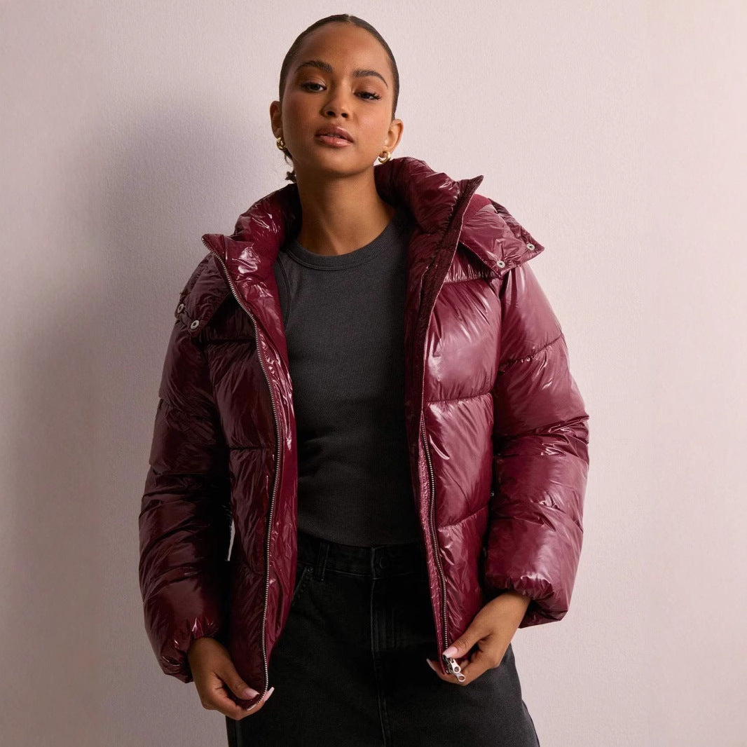 Women's glossy quilted puffer jacket with removable hood
