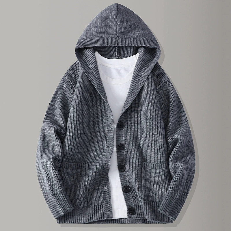 Hooded knit cardigan with button front and patch pockets