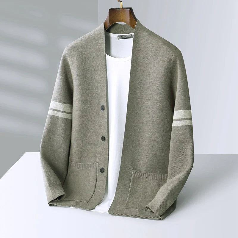 Men's button cardigan with contrasting striped sleeves and front pockets