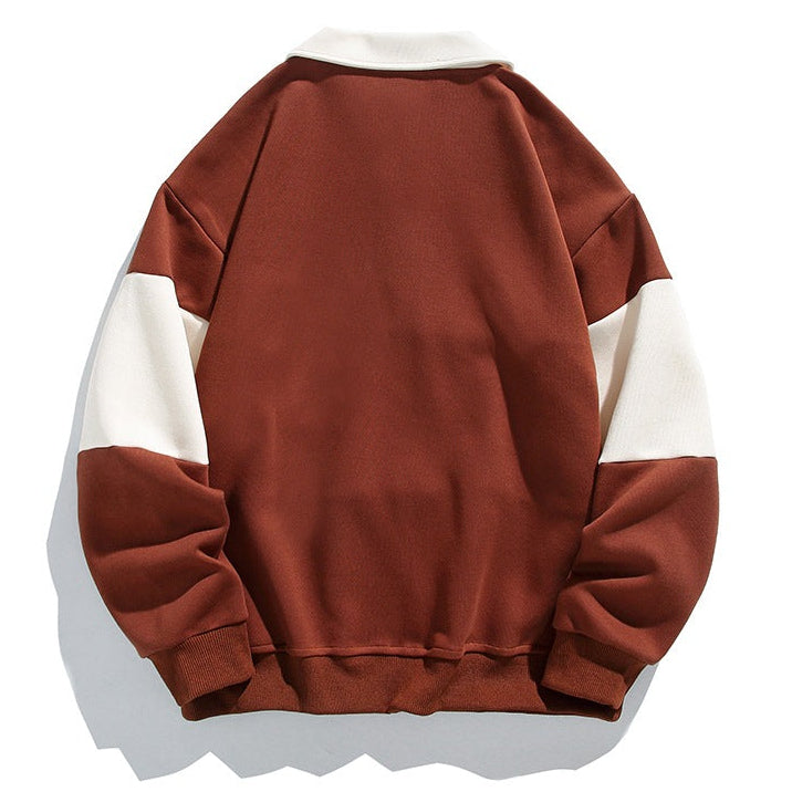 Men's long-sleeve colour-block polo sweatshirt with contrast collar and ribbed trims